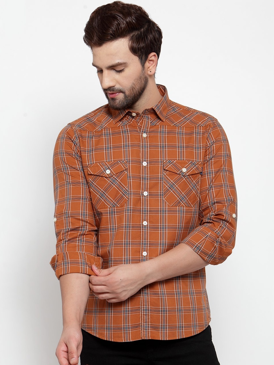 

Cantabil Men Brown & Blue Slim Fit Checked Casual Shirt