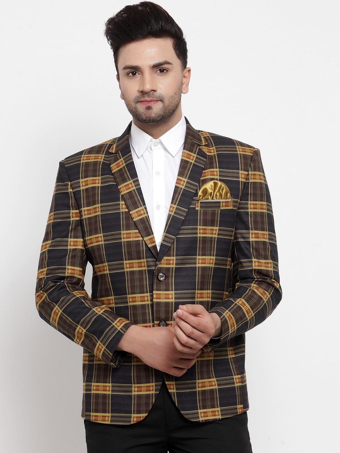 

KLOTTHE Men Black & Brown Checked Slim-Fit Single-Breasted Party Blazer