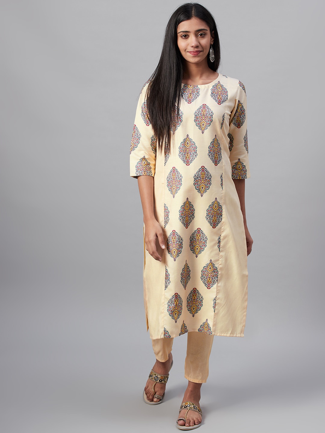

ZIYAA Women Cream-Coloured Printed Straight Kurta