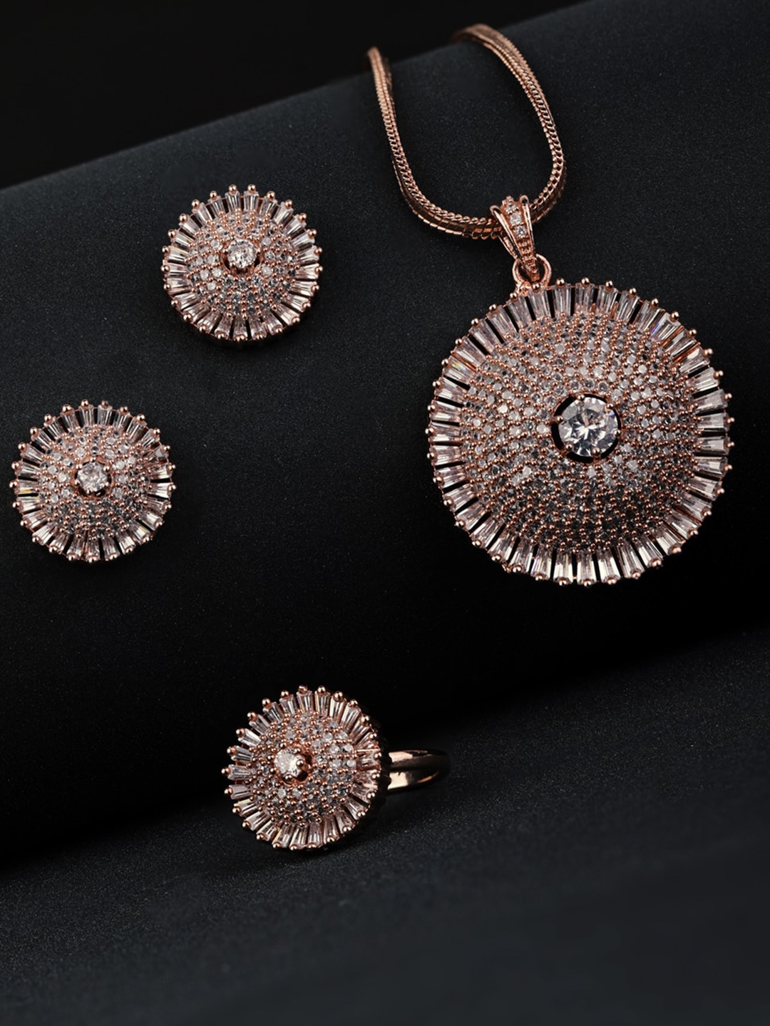 

Priyaasi Rose Gold-Plated & White American Diamond Stone-Studded Handcrafted Sustainable Jewellery Set
