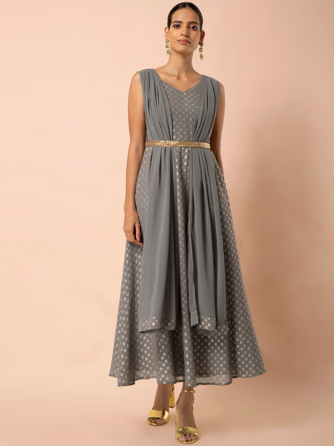INDYA Grey Foil Belted Maxi Tunic With Attached Front Dupatta