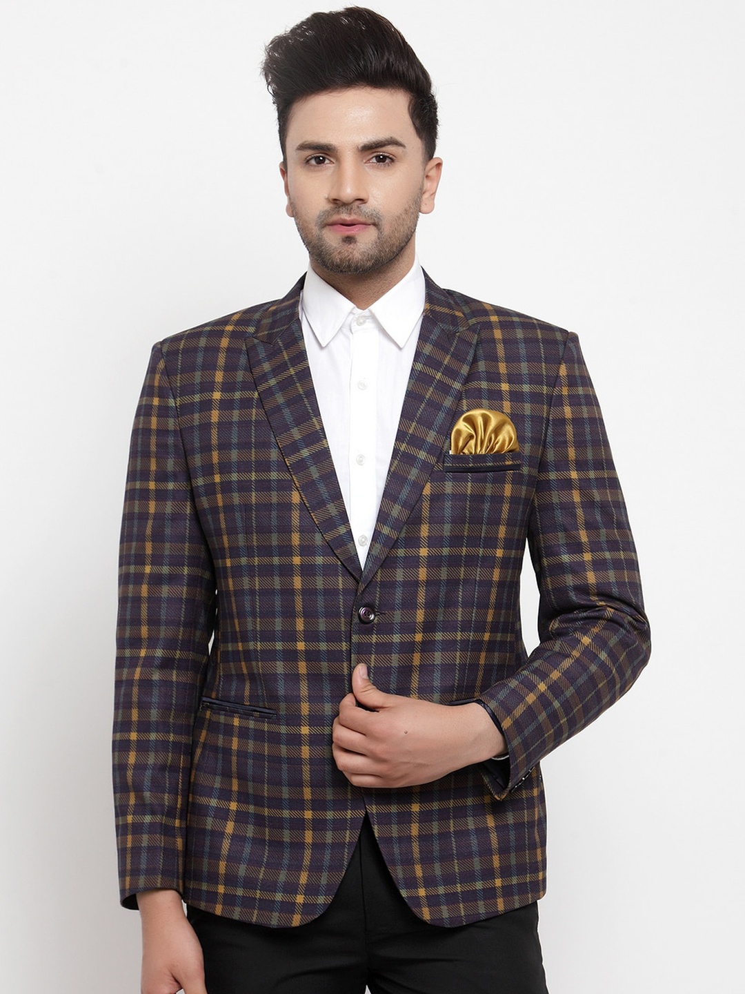 

KLOTTHE Men Navy Blue & Brown Checked Slim-Fit Party Blazer