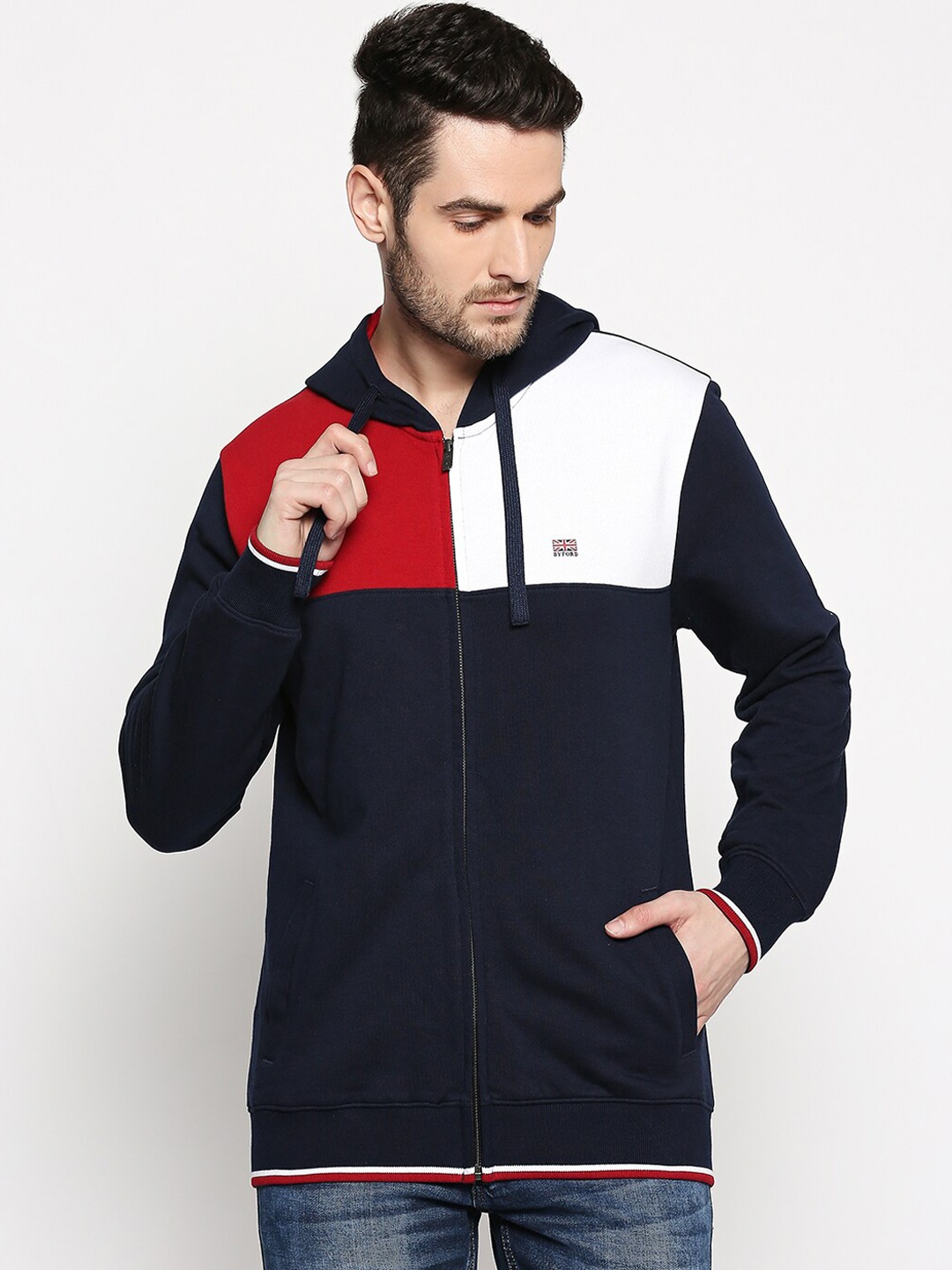 

BYFORD by Pantaloons Men Navy Blue & Red Colourblocked Hooded Sweatshirt