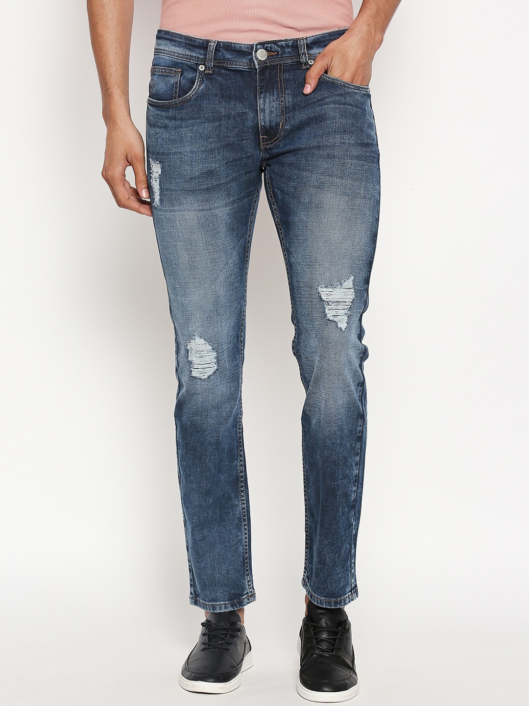 

People Men Blue Slim Fit Mid-Rise Mildly Distressed Jeans