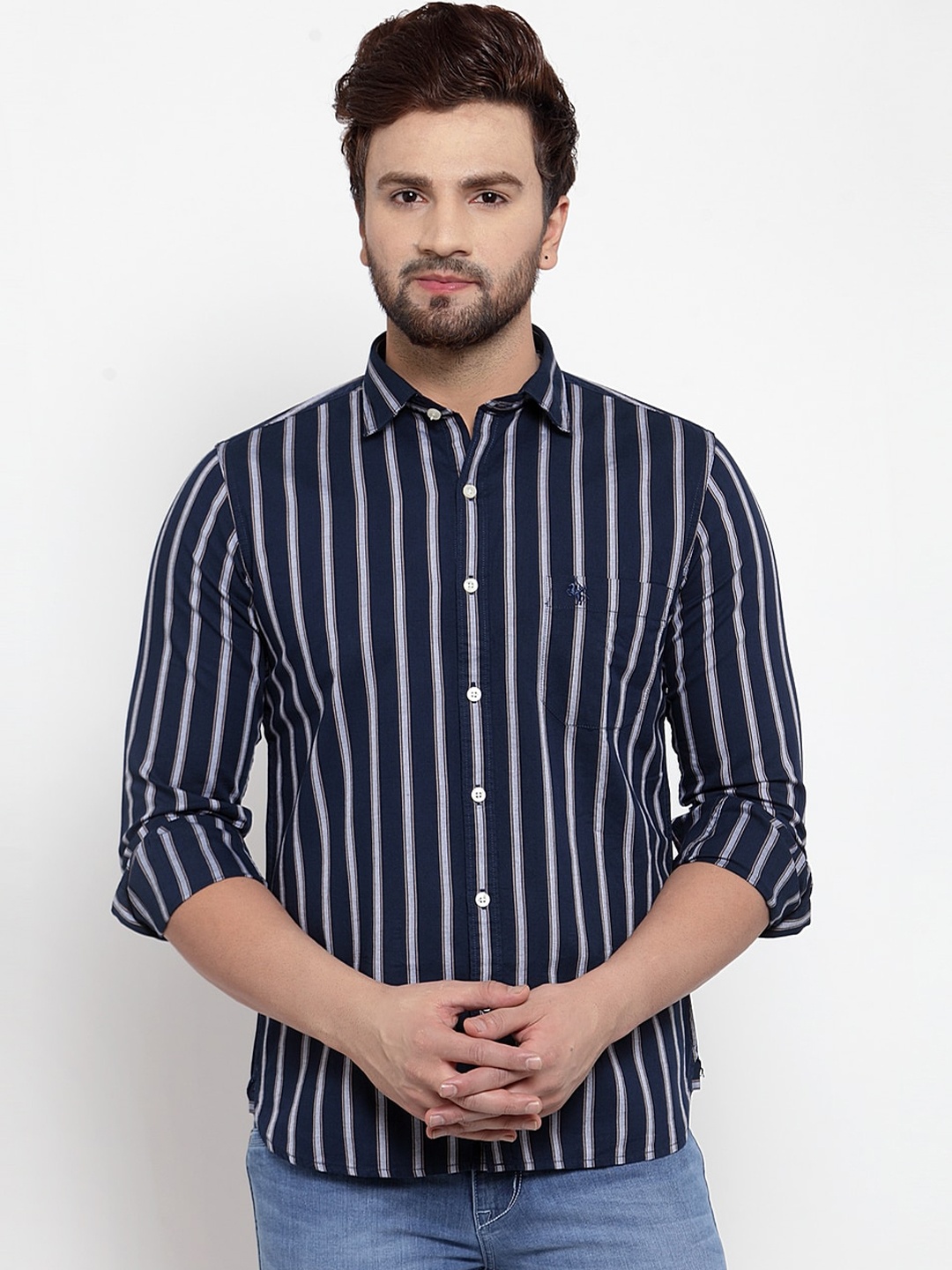 

Cantabil Men Navy Blue & White Slim Fit Striped Casual Shirt