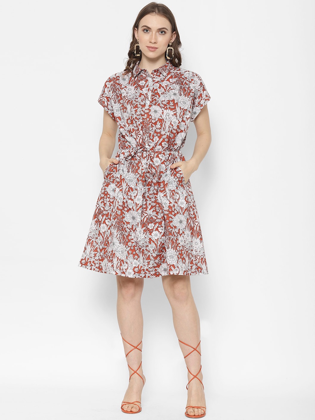 

HOUSE OF KKARMA Women Rust Printed Shirt Dress