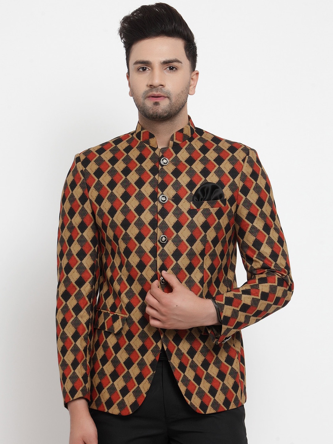 

KLOTTHE Men Beige & Red Printed Slim-Fit Bandhgala Blazer