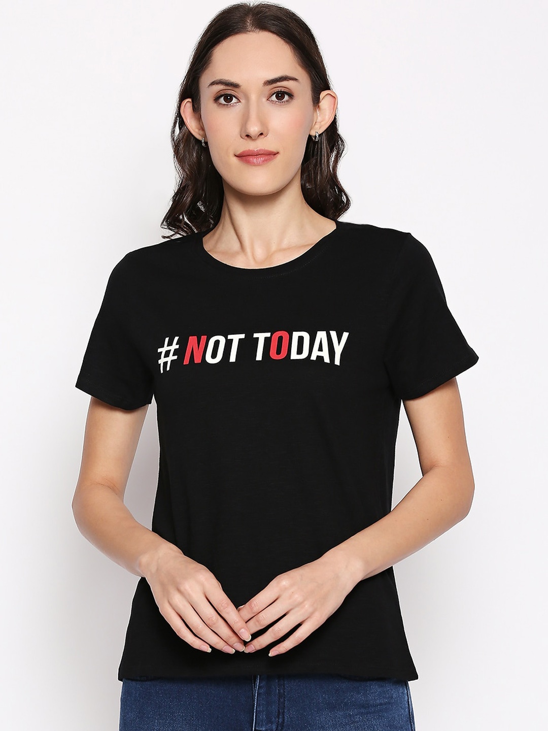 

People Women Black Printed Round Neck T-shirt