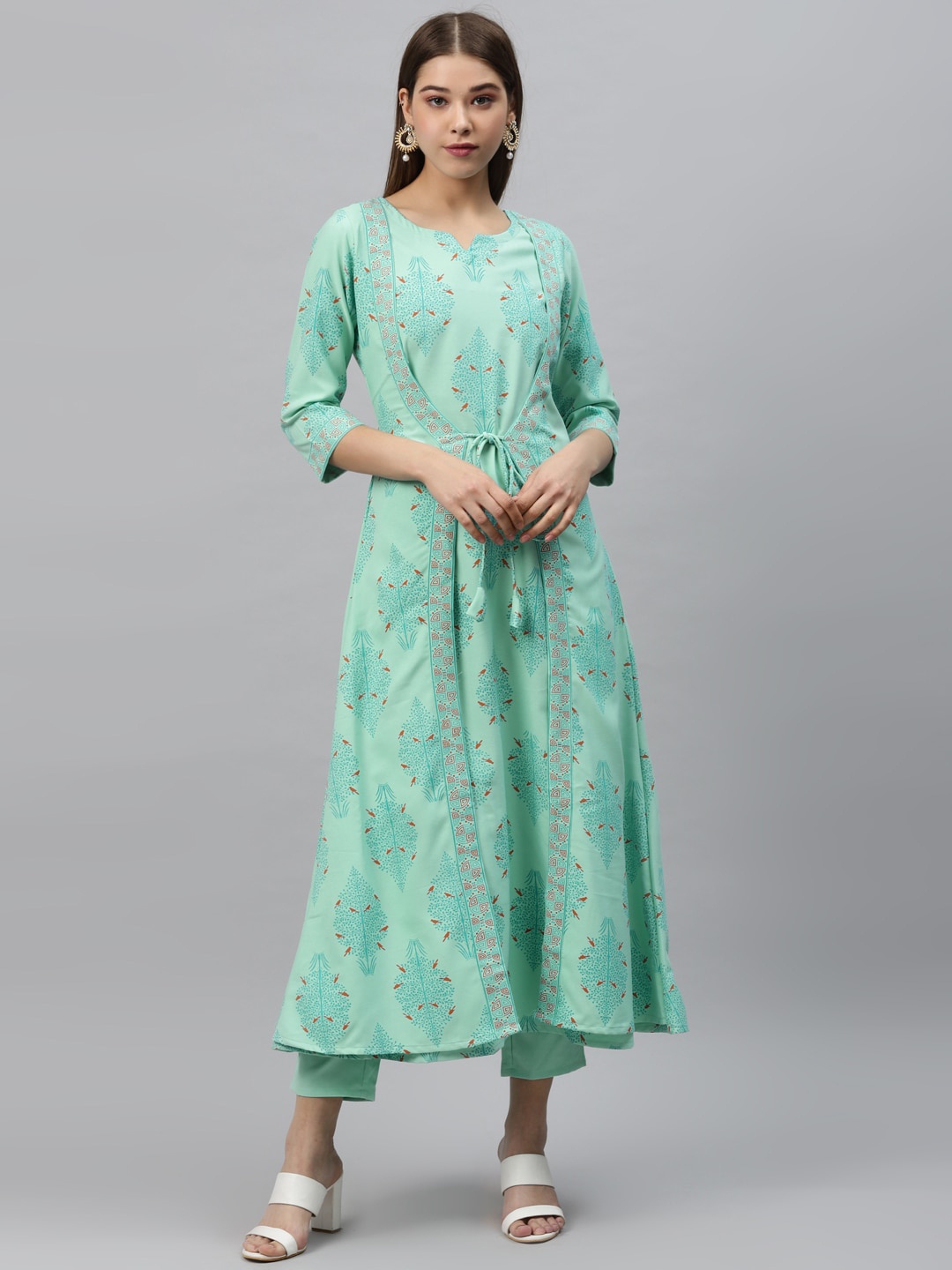 

ZIYAA Women Green Floral Printed A-Line Layered Kurta
