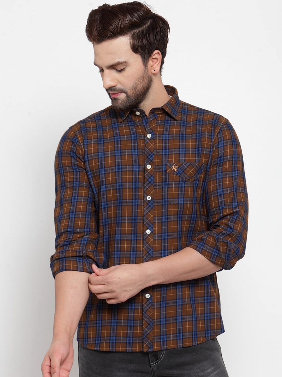 

Cantabil Men Brown & Blue Slim Fit Checked Casual Shirt