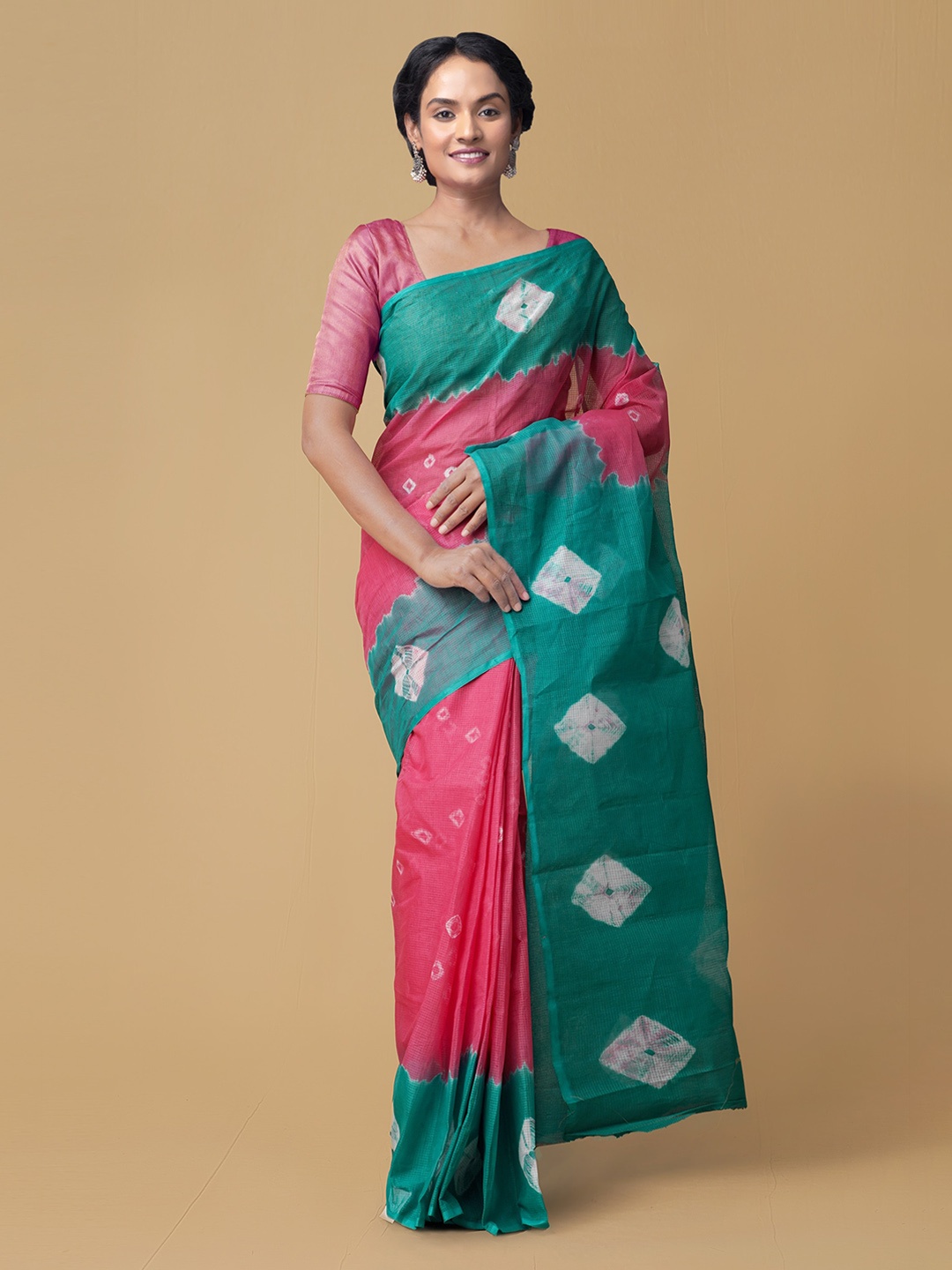

Unnati Silks Pink & Green Pure Cotton Dyed Bandhani Saree