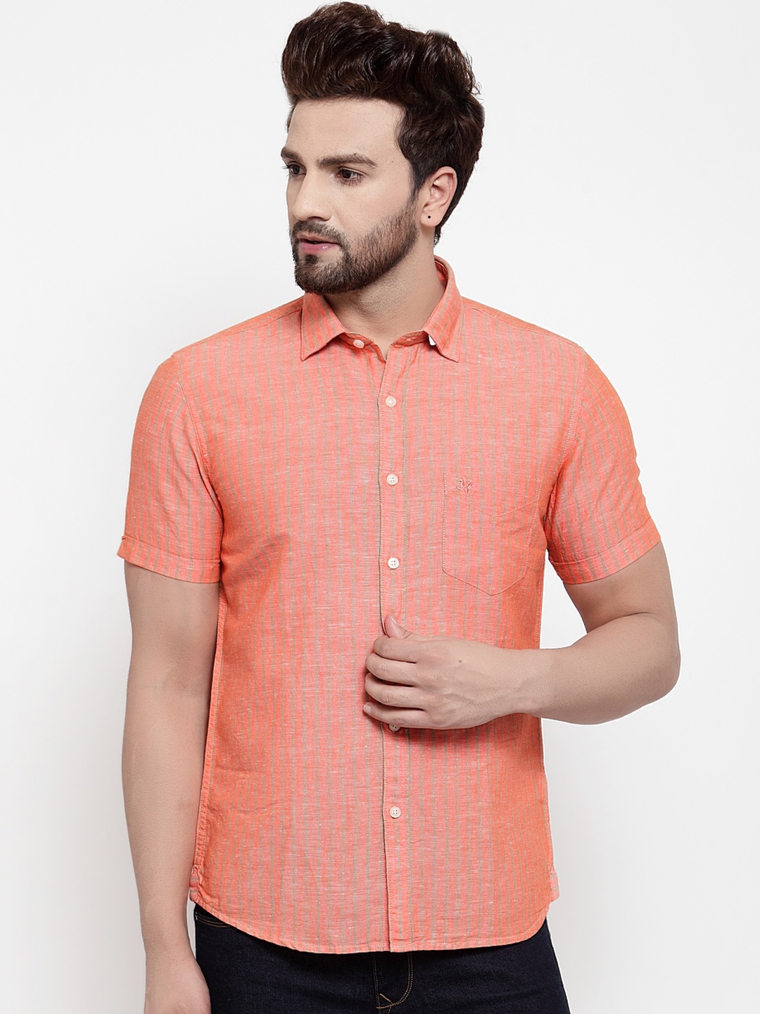 

Cantabil Men Orange Slim Fit Striped Casual Shirt