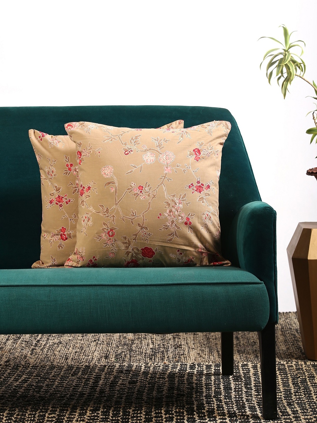 

Contrast Living Set Of 2 Brown & Red Floral Printed Square Cushion Covers