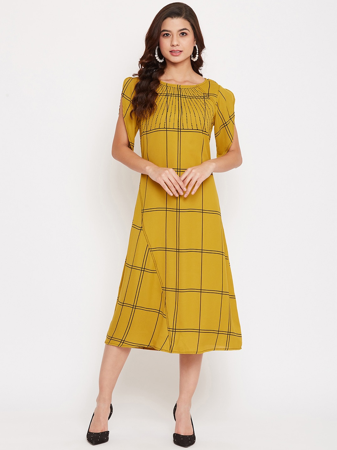 

Ruhaans Women Mustard Checked A-Line Dress