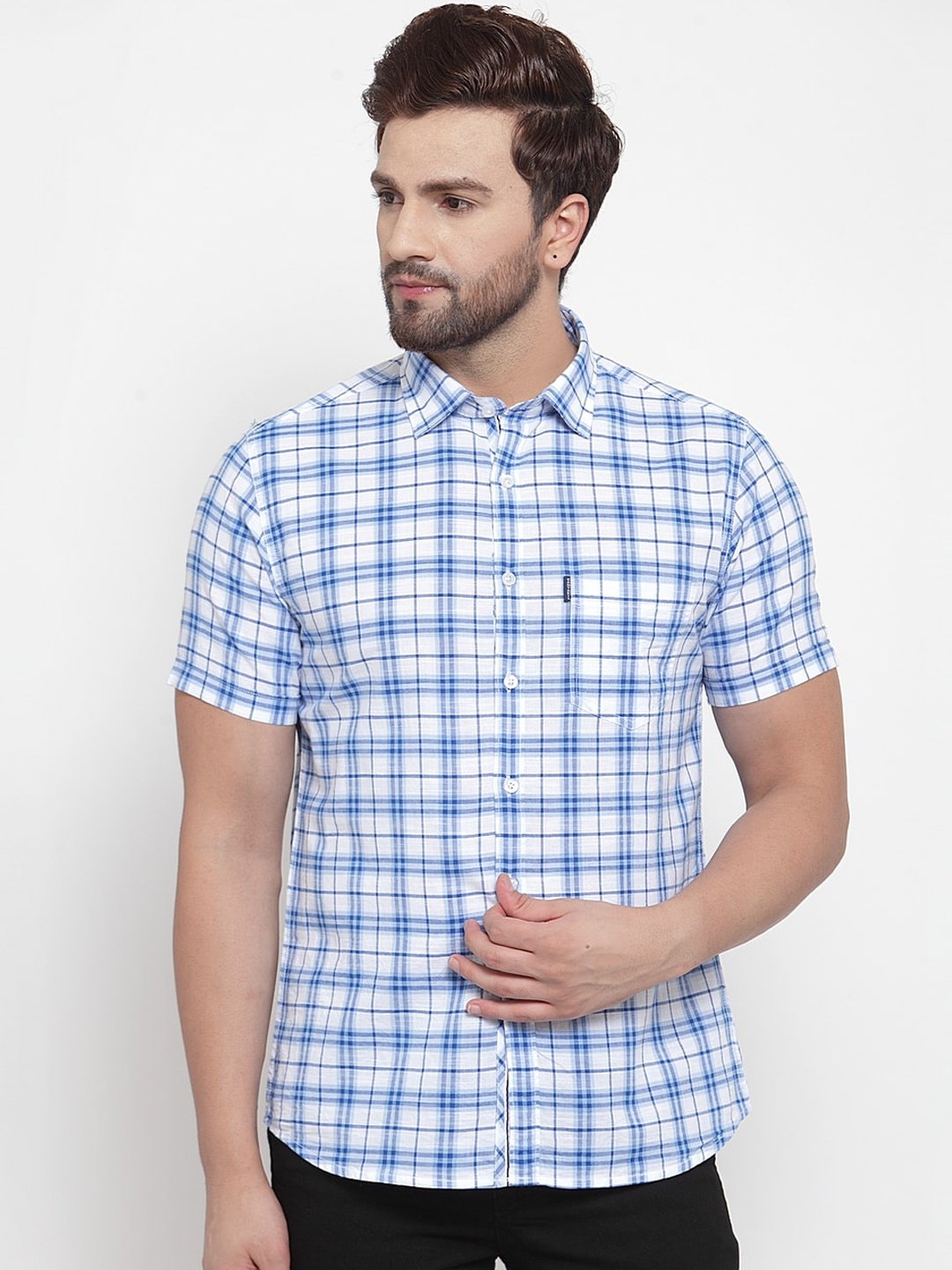 

Cantabil Men Blue & White Slim Fit Checked Casual Shirt