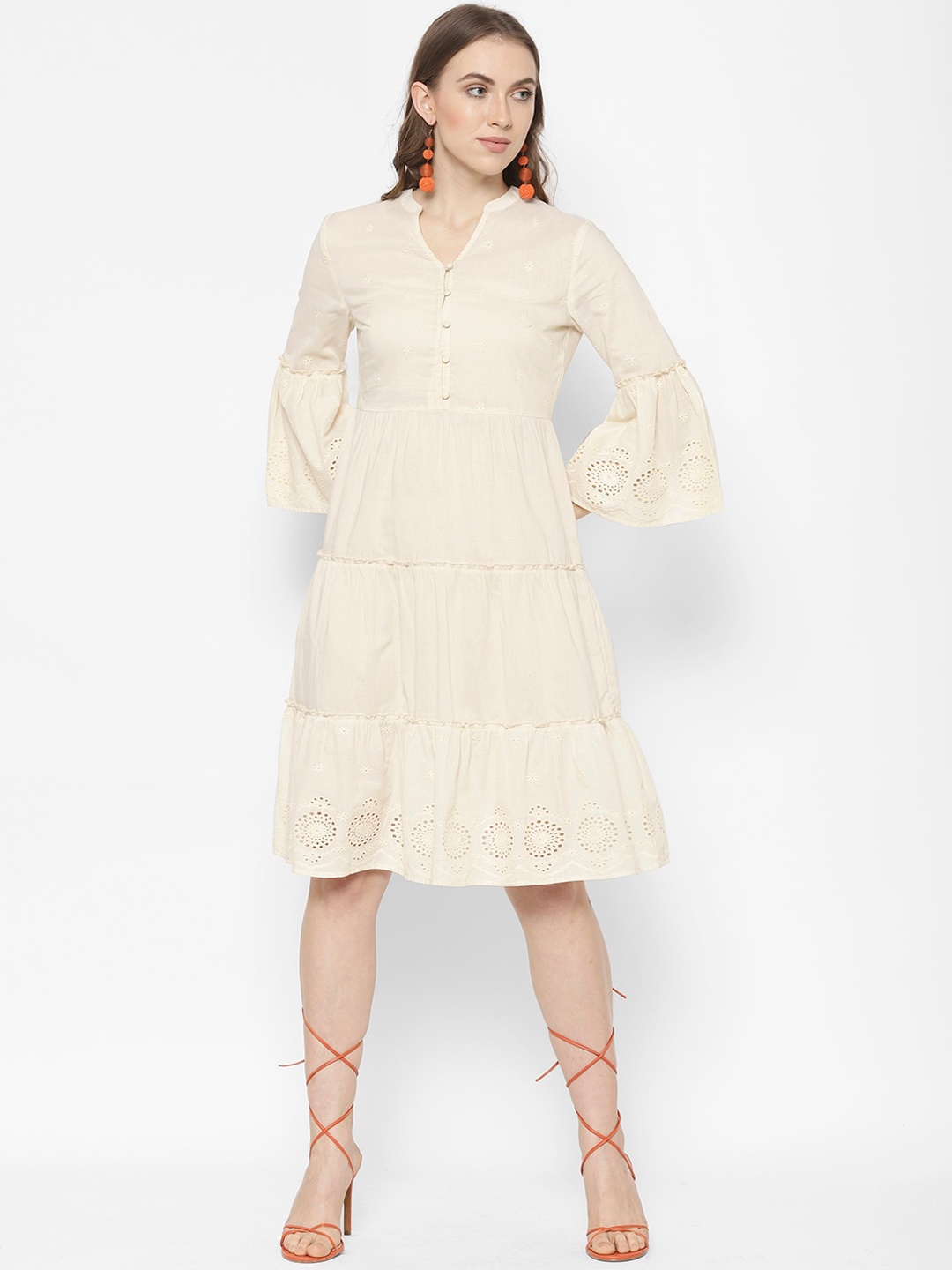 

HOUSE OF KKARMA Women Cream-Coloured Embroidered Fit and Flare Dress