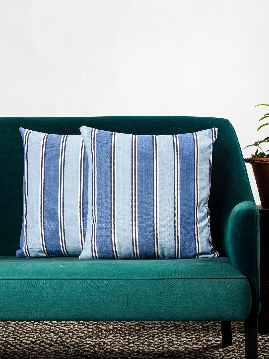 

Contrast Living Set Of 2 Blue Striped Square Cushion Cover