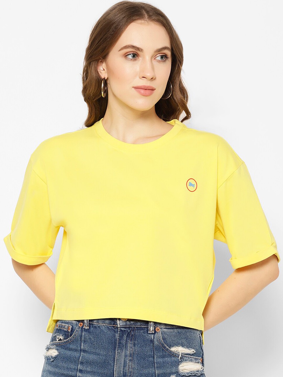 

COASTLAND Women Yellow Solid Round Neck Crop T-shirt