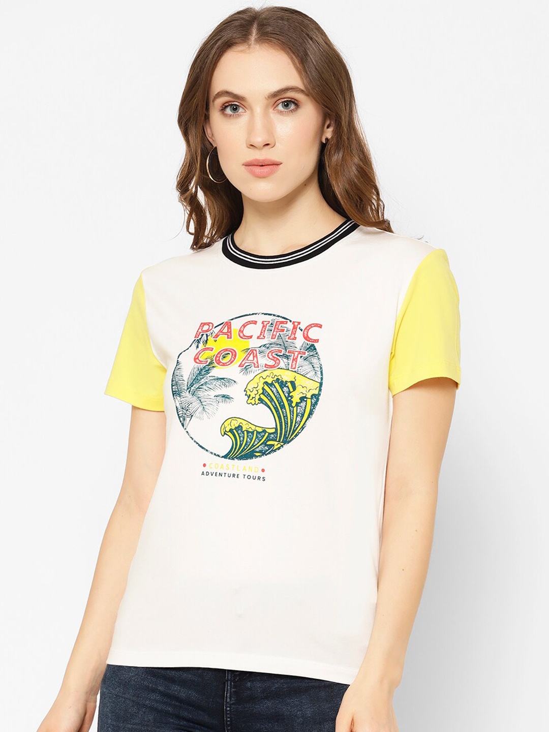 

COASTLAND Women White Solid Round Neck T-shirt