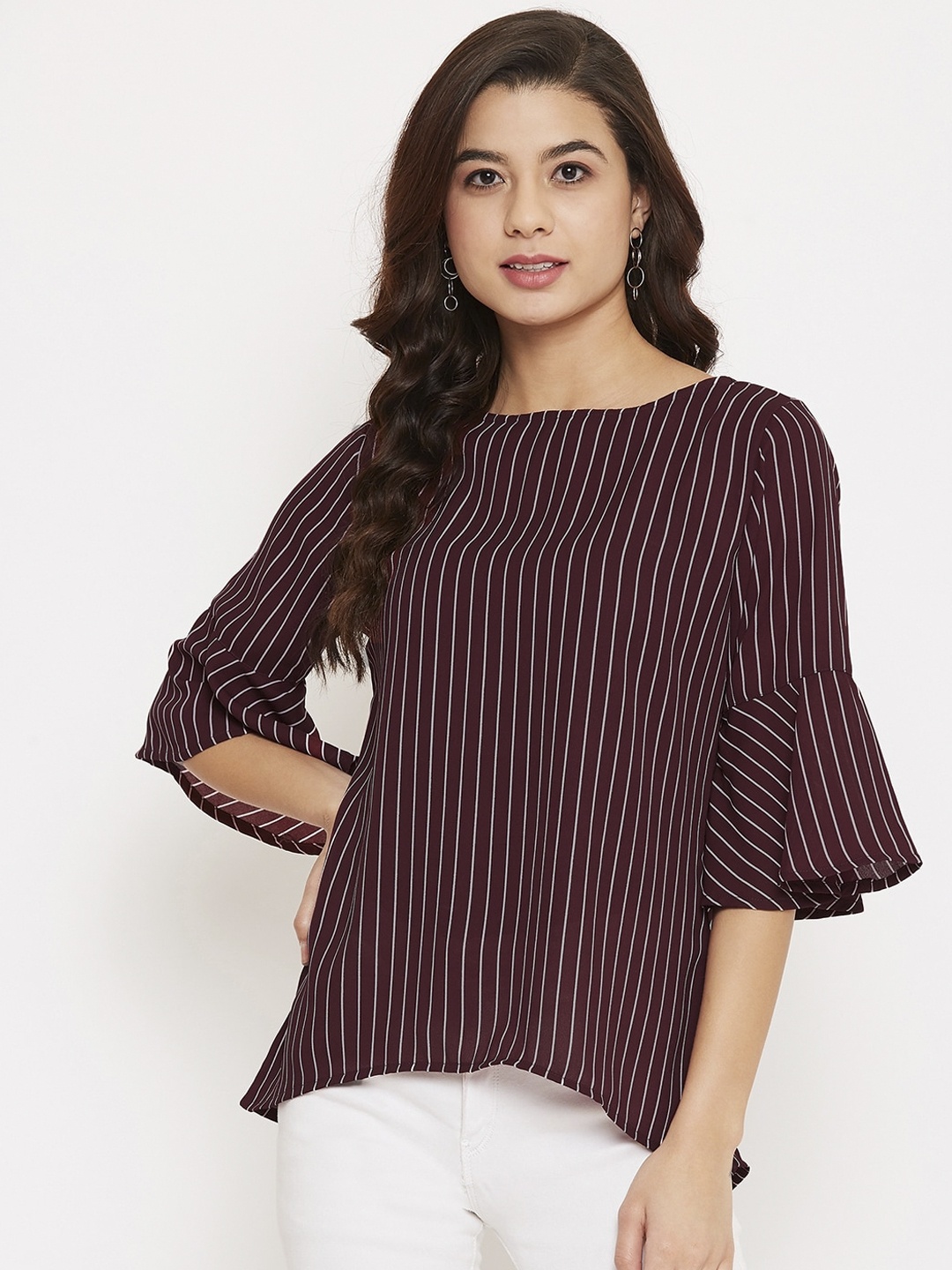 

Ruhaans Women Maroon Striped A-Line Top