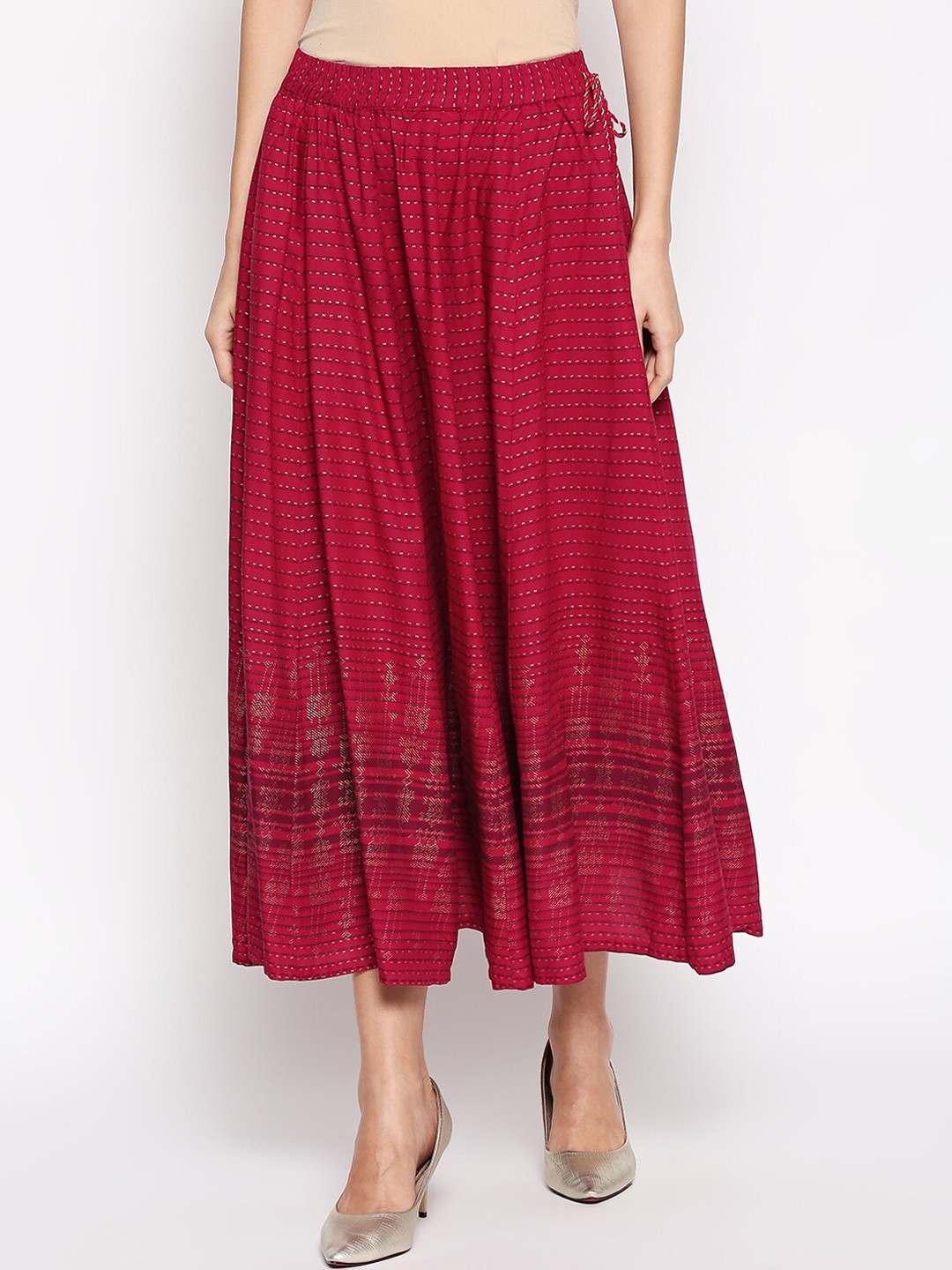 

AKKRITI BY PANTALOONS Women Maroon & Black Striped Maxi-Length Skirt