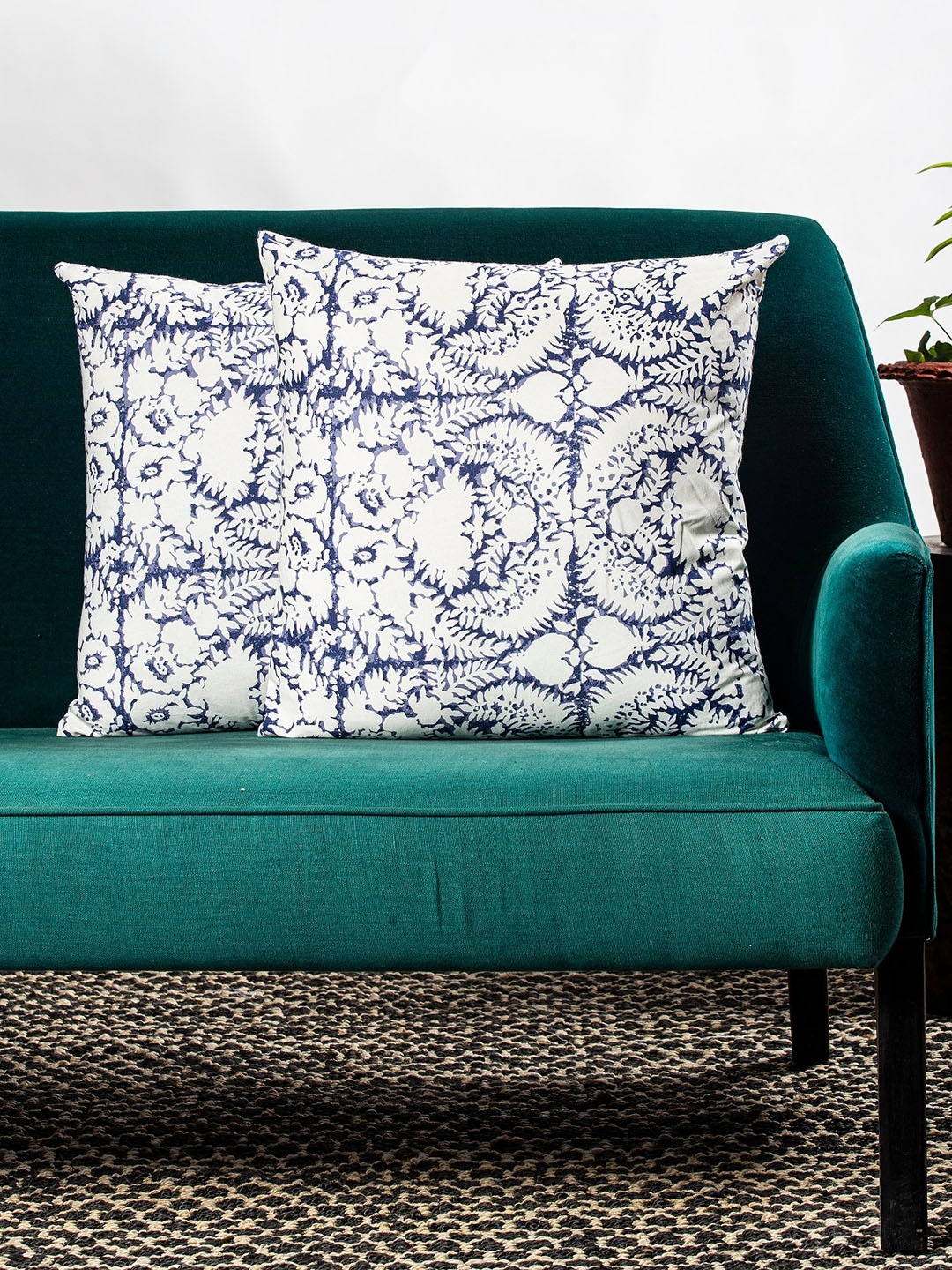 

Contrast Living Set Of 2 White & Blue Printed Square Cushion Covers