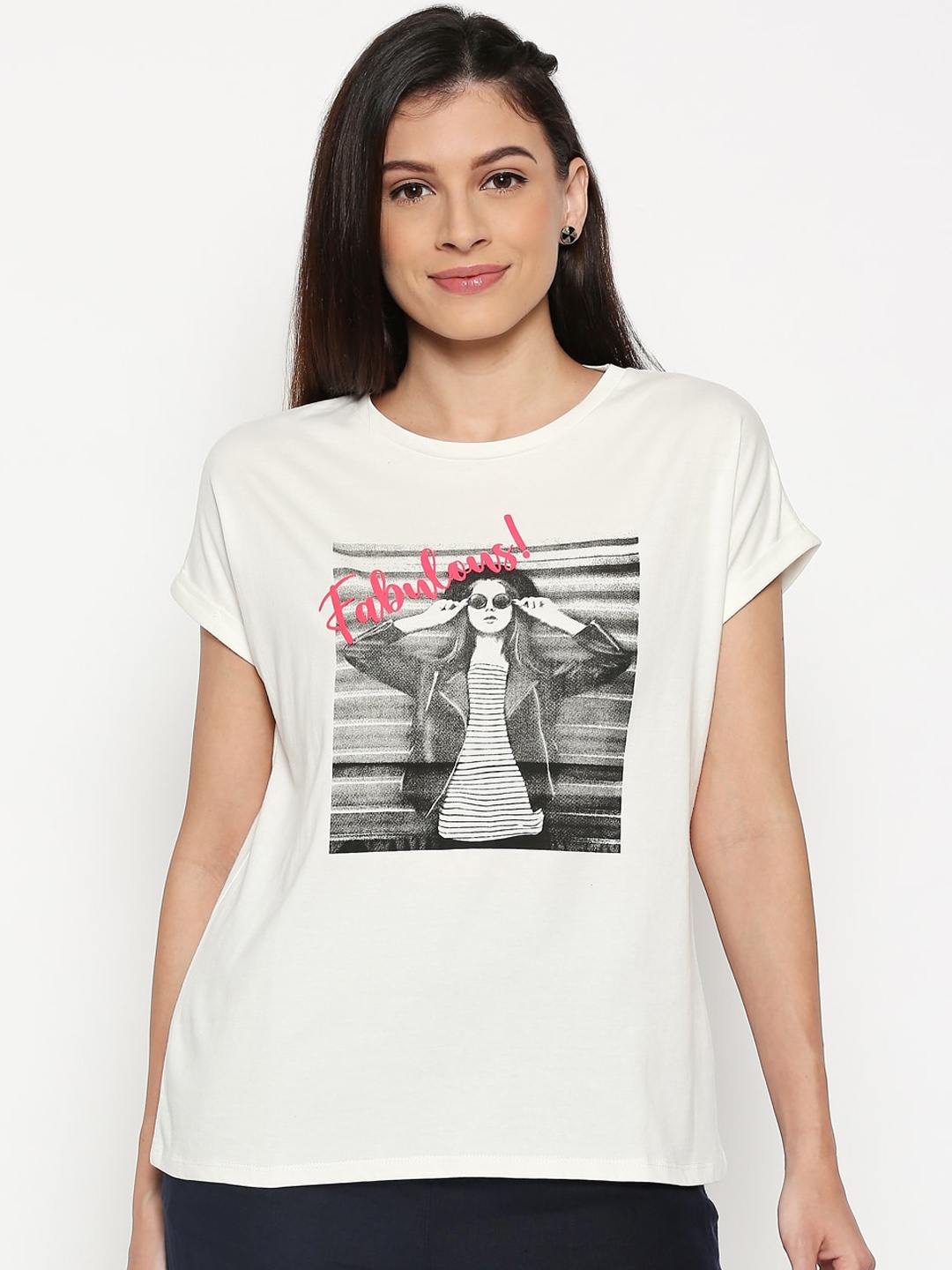 

People Women White Printed Round Neck T-shirt