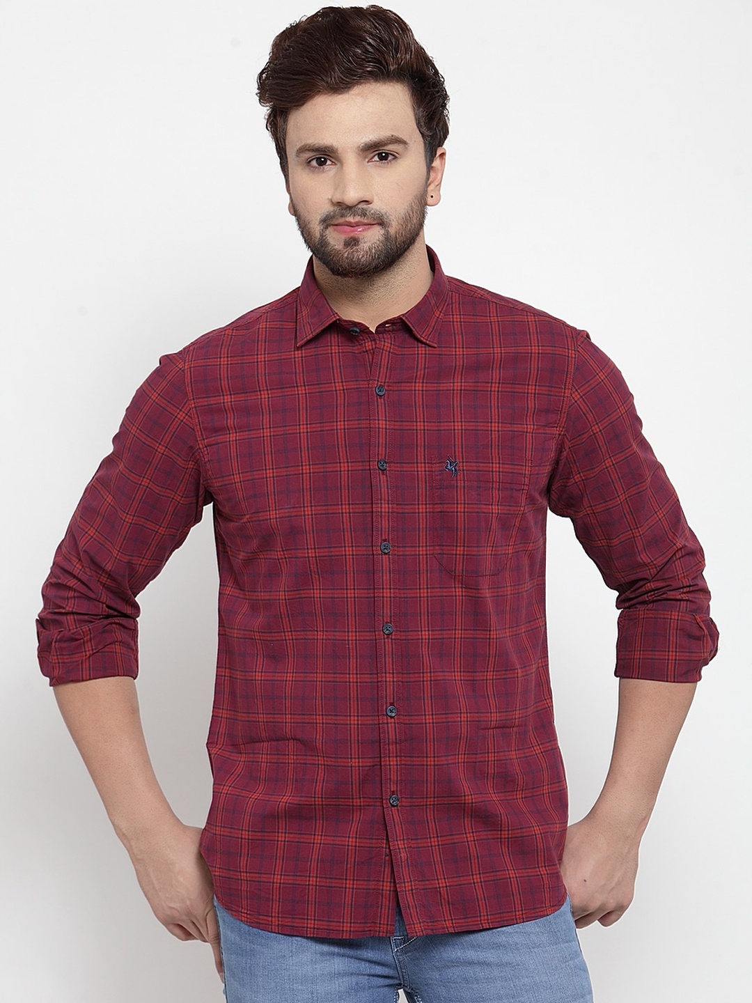 

Cantabil Men Maroon & Blue Slim Fit Checked Casual Shirt