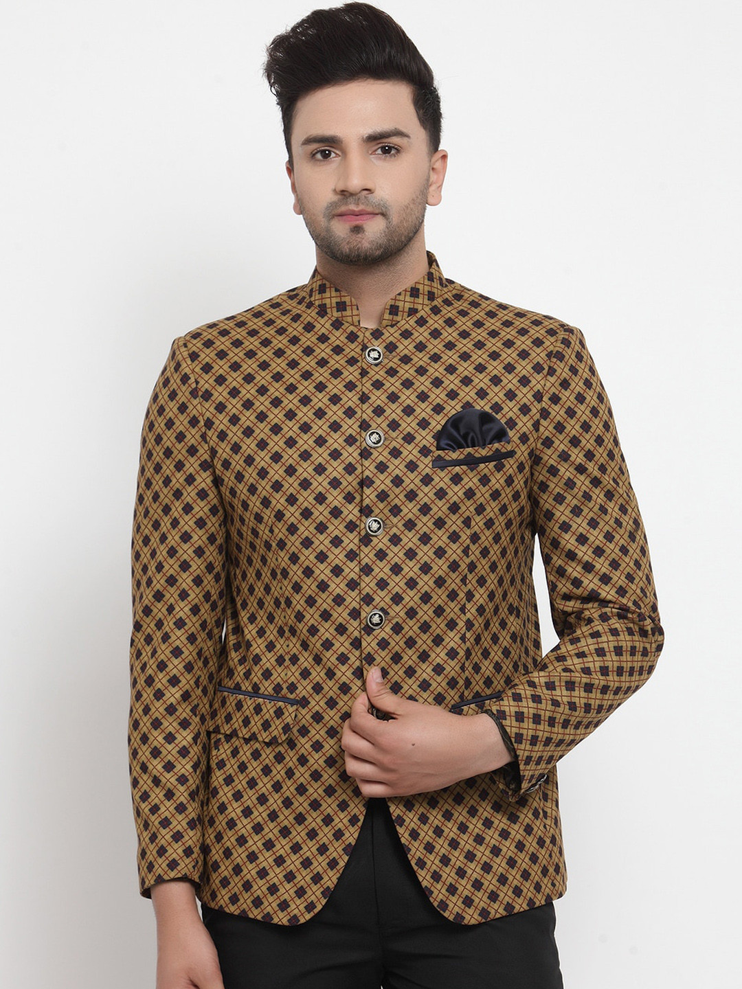

KLOTTHE Men Brown & Black Checked Slim-Fit Bandhgala Blazer