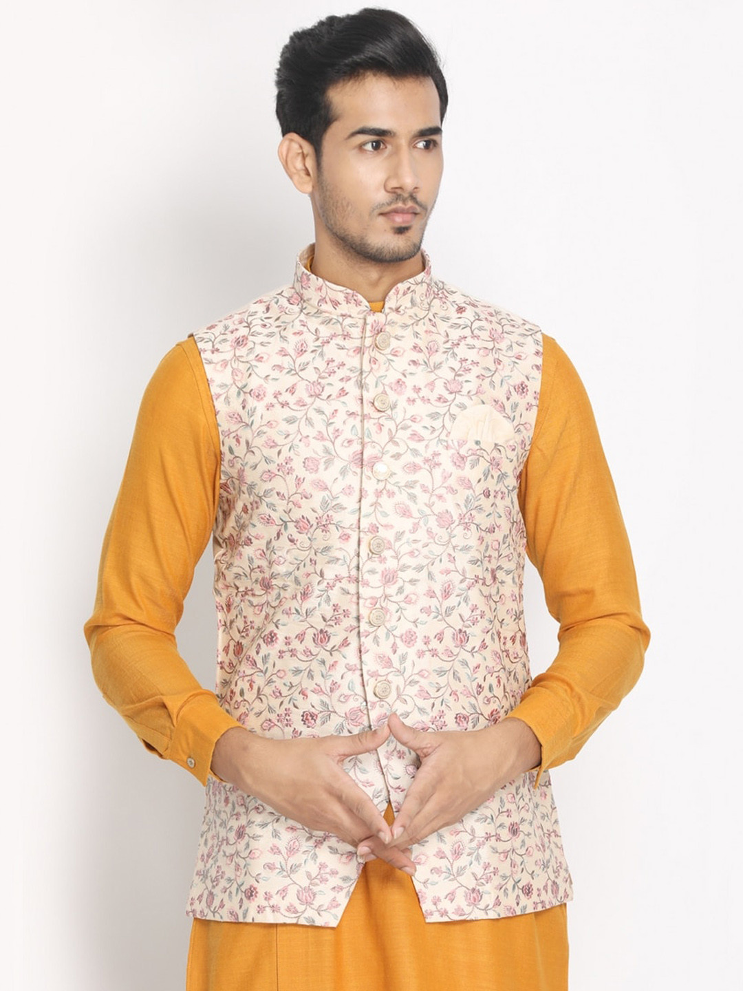 

Manyavar Men Cream-Colour & Pink Embroidered Woven Nehru Jacket