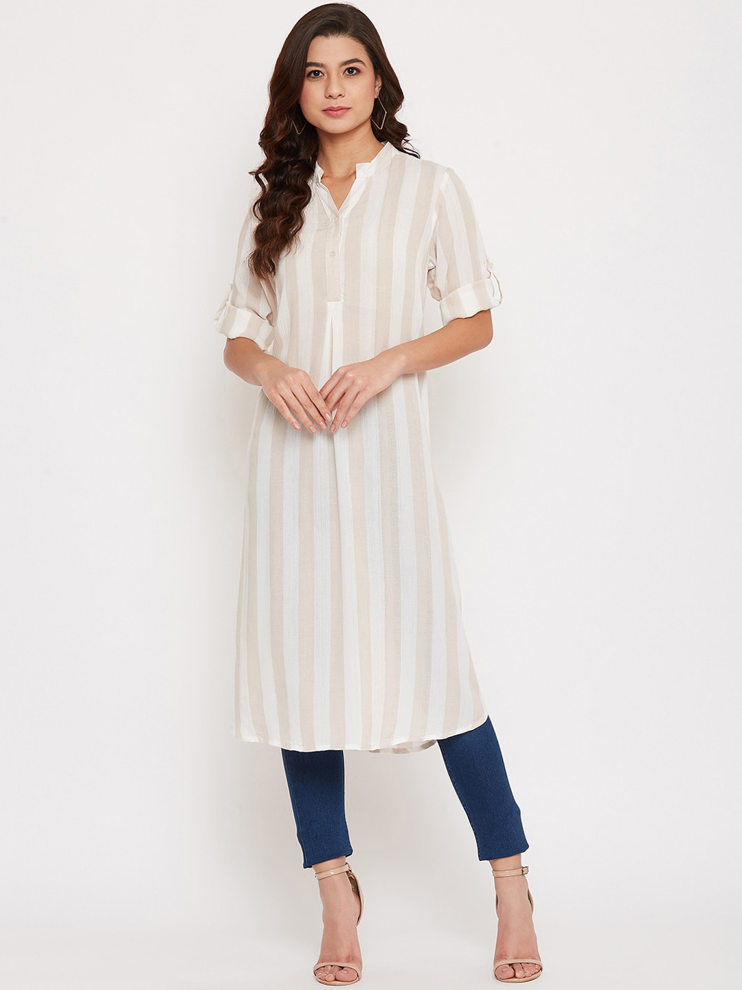 

Ruhaans Women White & Beige Striped Tunic