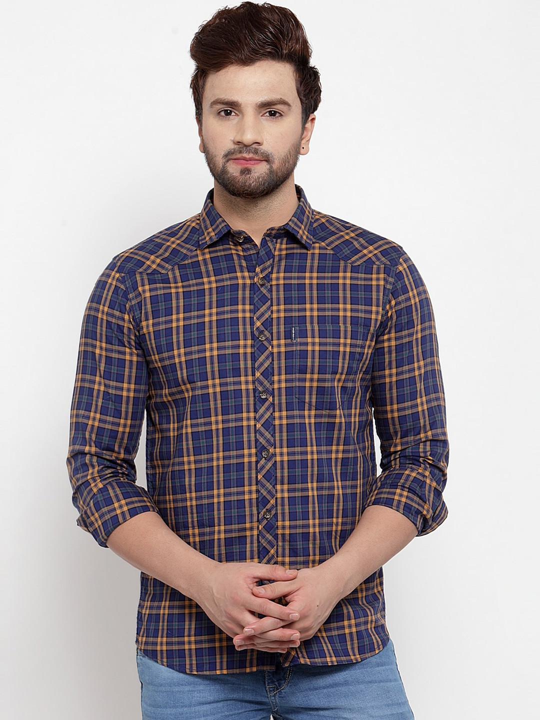 

Cantabil Men Navy Blue & Yellow Slim Fit Checked Casual Shirt