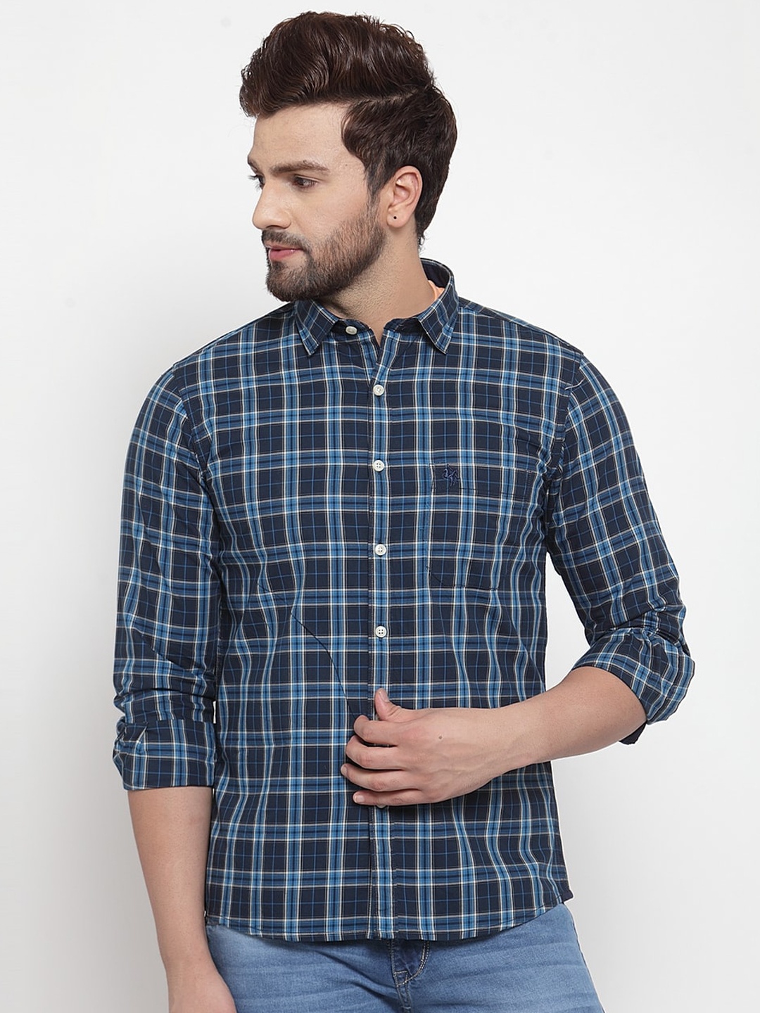 

Cantabil Men Navy Blue & Red Slim Fit Checked Casual Shirt