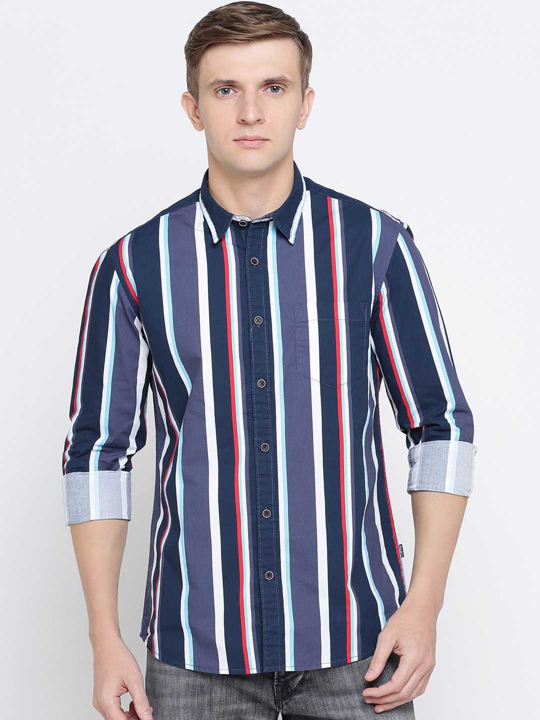 

Pepe Jeans Men Blue & White Regular Fit Striped Casual Shirt
