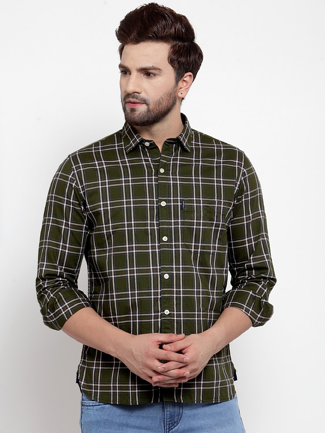 

Cantabil Men Olive Green & White Slim Fit Checked Casual Shirt