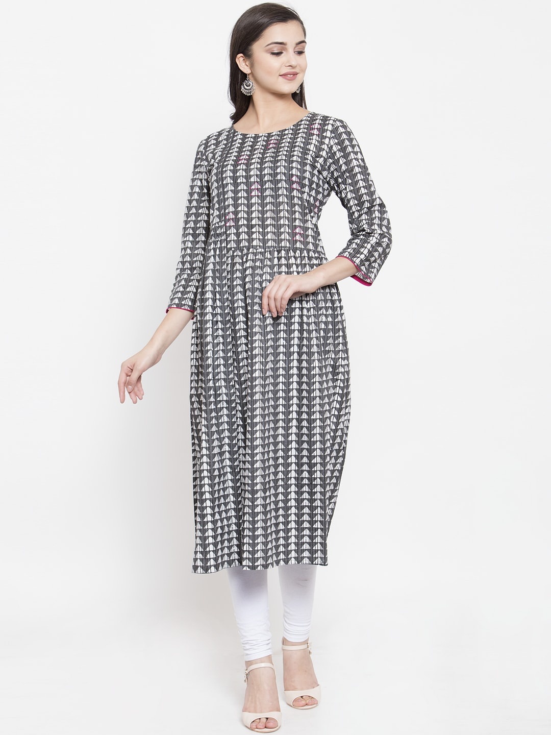 

The Kurta Express Women Grey & White Striped Straight Kurta