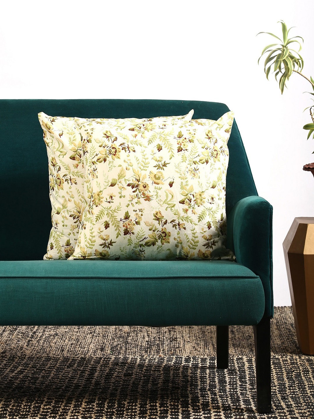 Contrast Living Set Of 2 Off-White & Green Printed Square Cushion Cover