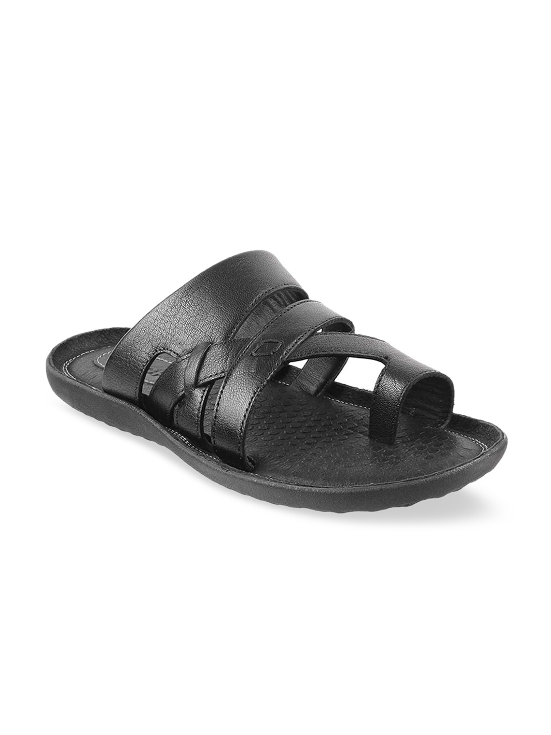 

Mochi Men Black Solid Leather Comfort Sandals