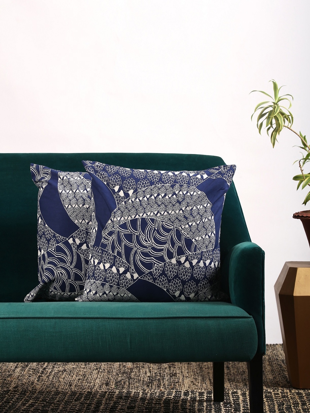 Contrast Living Set Of 2 Blue & White Printed Square Cushion Covers