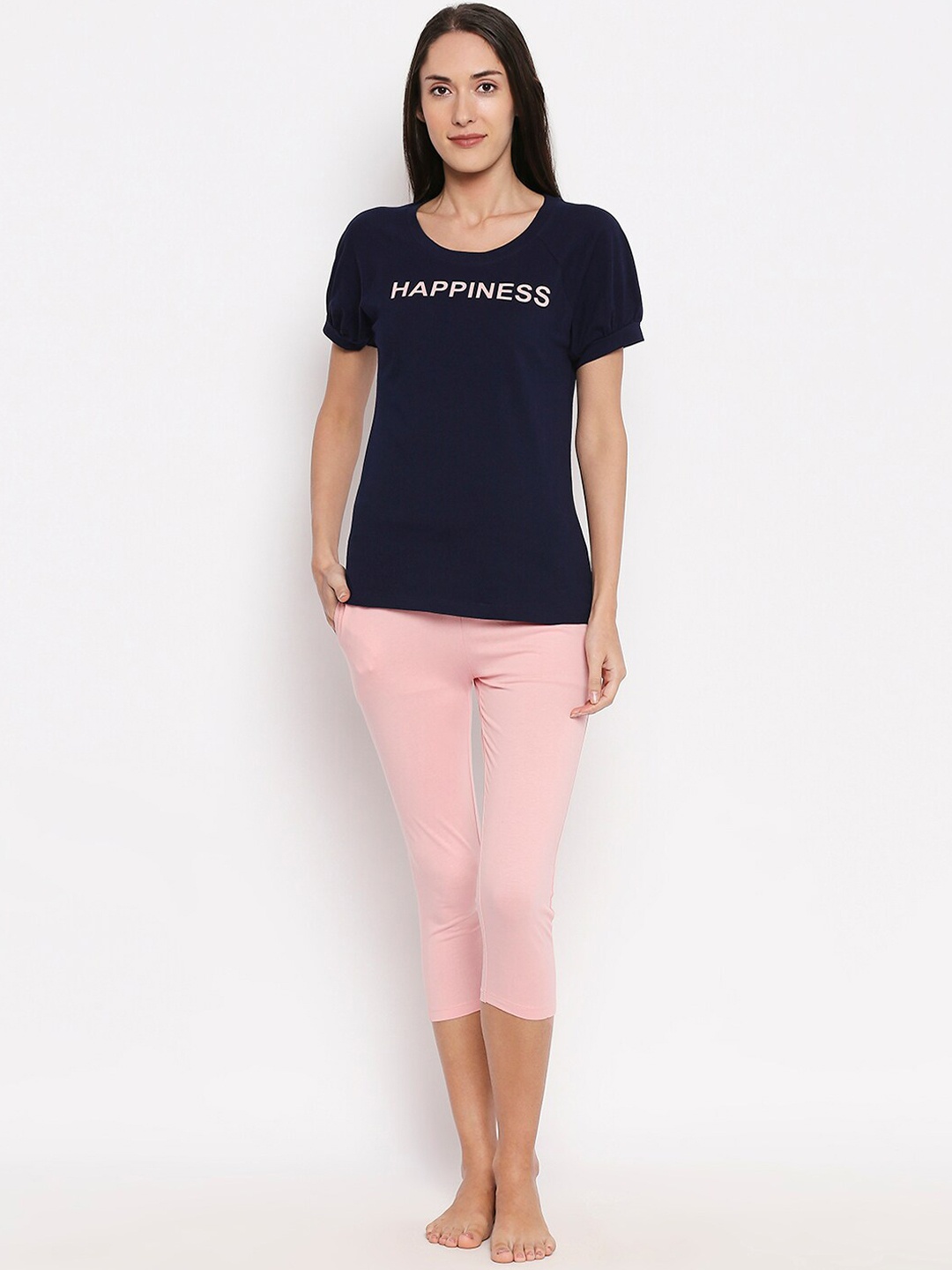 

XIN Women Navy Blue & Pink Solid Night Suit