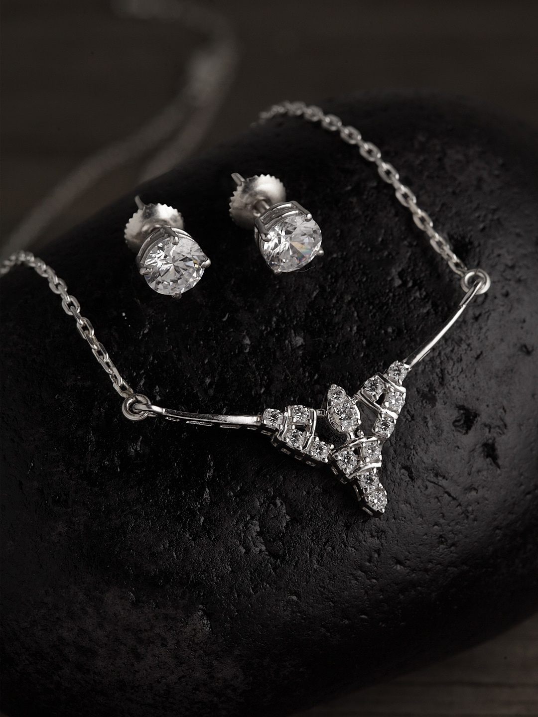 Clara 92.5 Sterling Silver Rhodium-Plated Silver-Toned & White CZ-Studded Jewellery Set