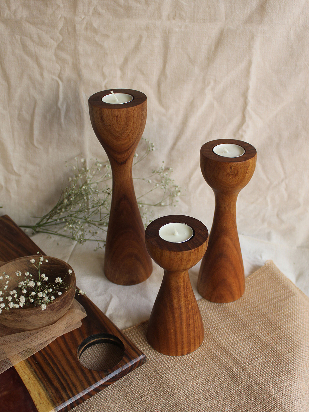 

Studio Indigene Set of 3 Brown Solid Pillar Wooden Tea-Light Holders