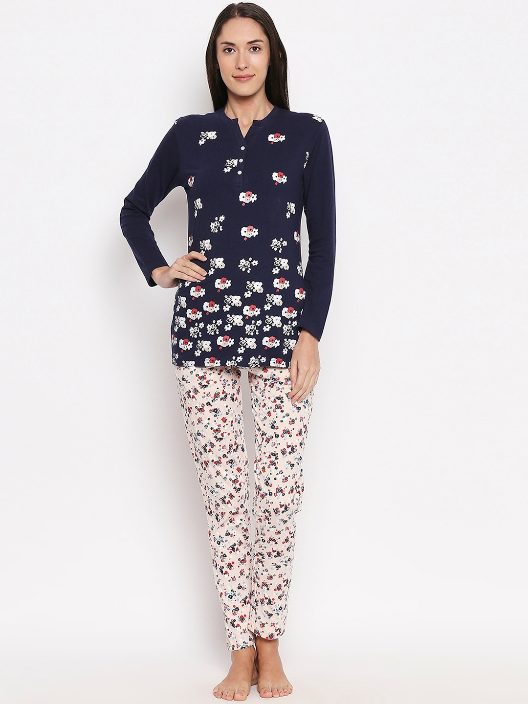 

XIN Women Navy Blue & Cream-Coloured Printed Night suit