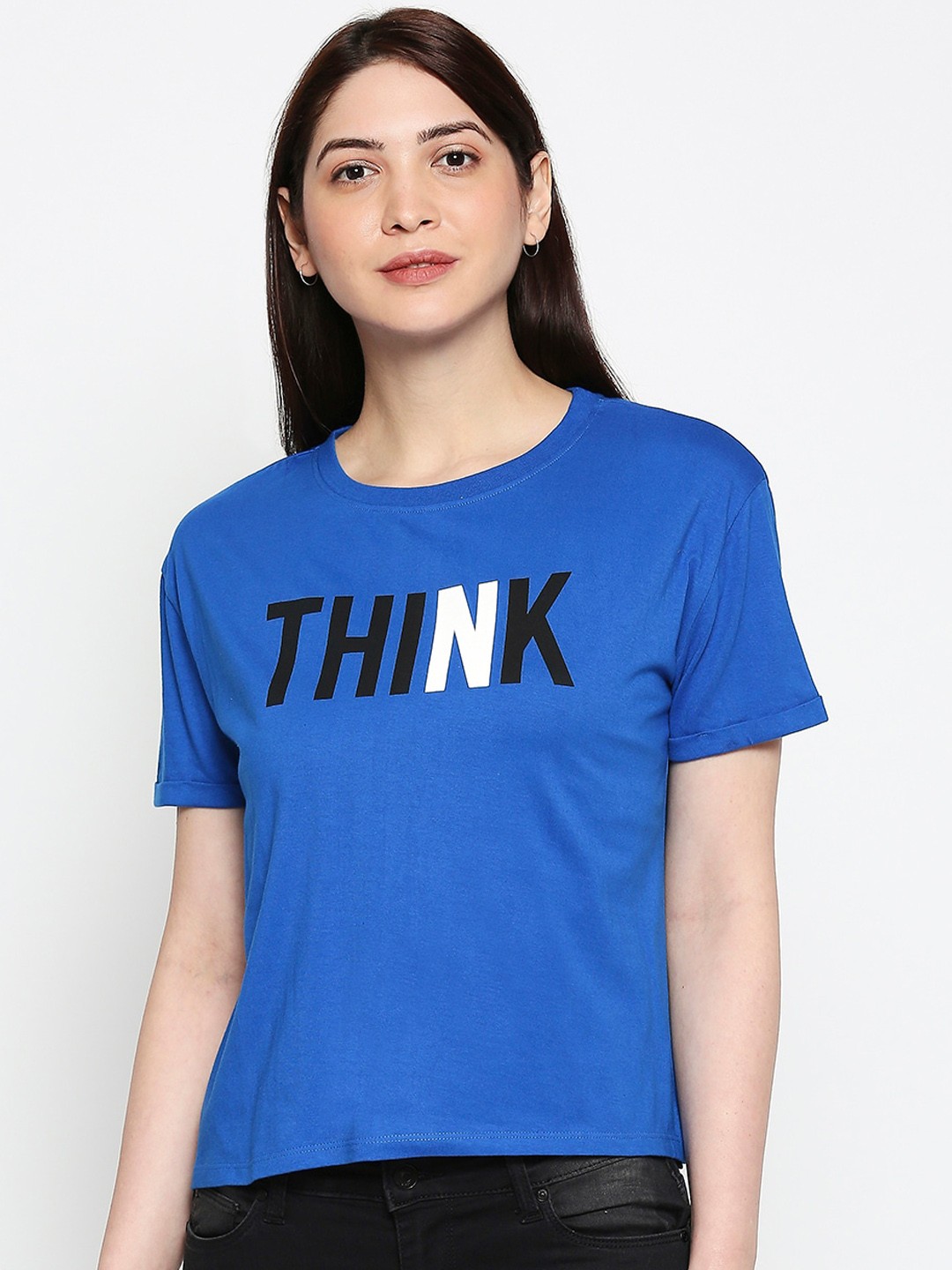 

People Women Blue Printed Round Neck T-shirt