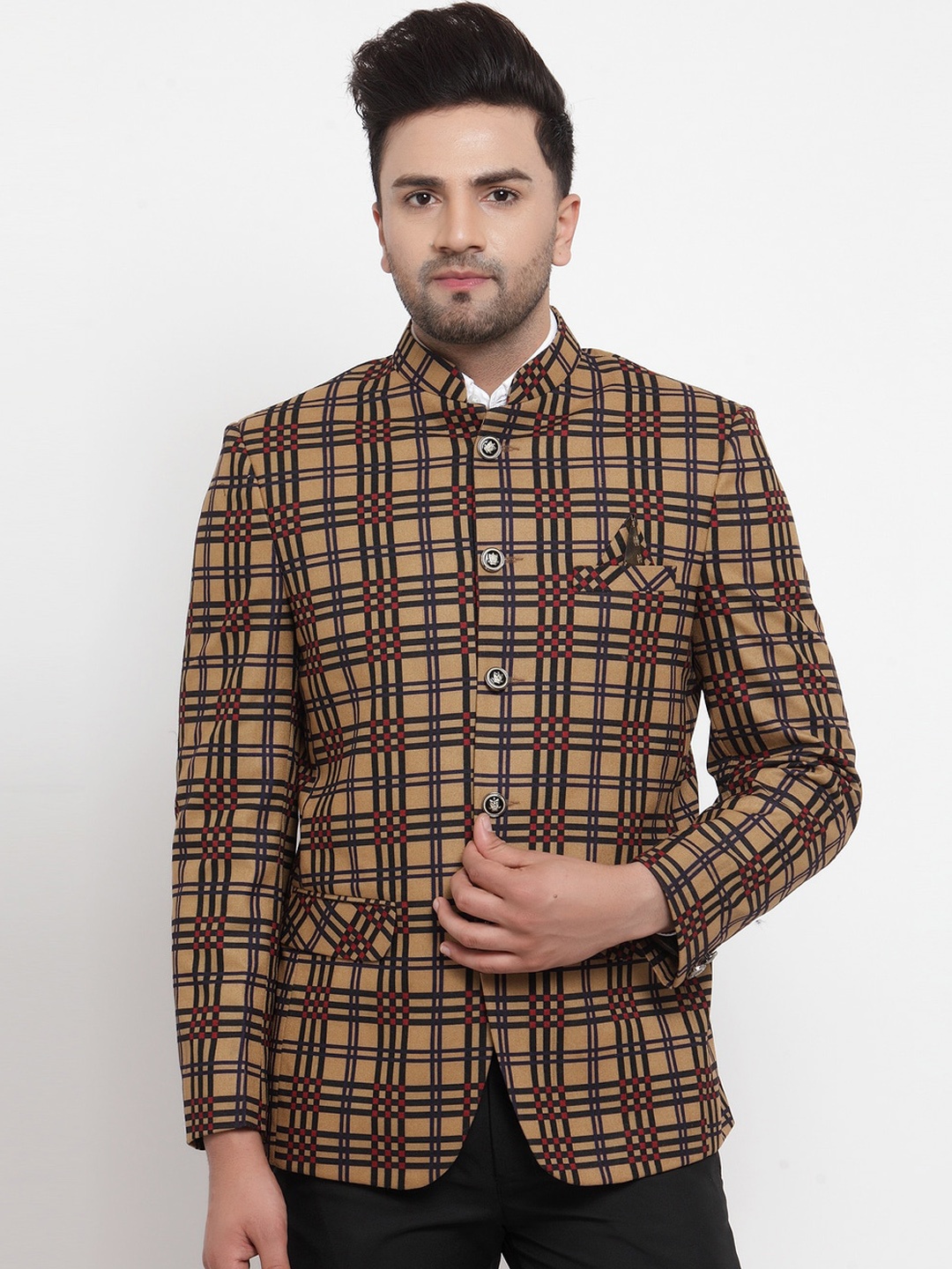 

KLOTTHE Men Beige Checked Slim-Fit Single-Breasted Party Blazer