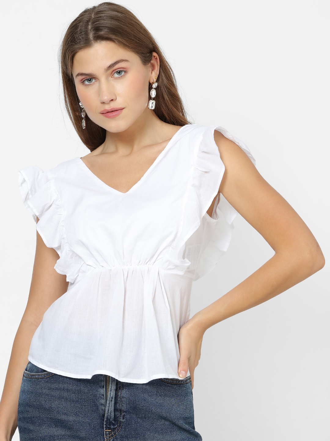 

FOREVER 21 Women White Solid Cinched Waist Top