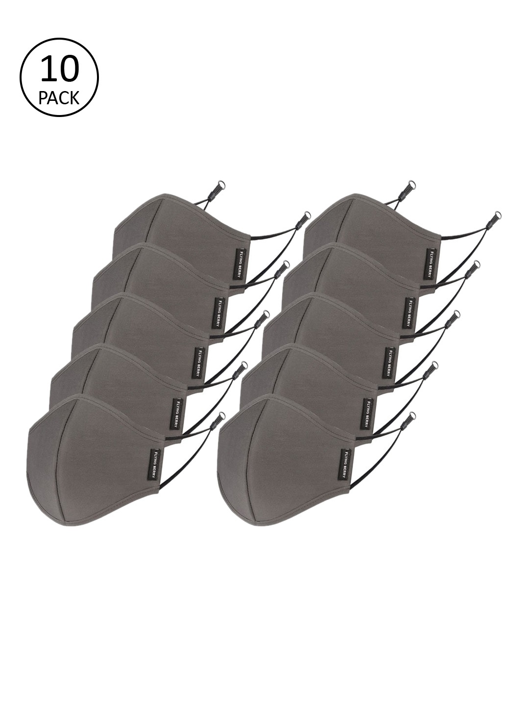 FLYING BERRY Unisex Pack Of 10 Grey Solid 3-Ply Anti-Dust Cotton Face Masks