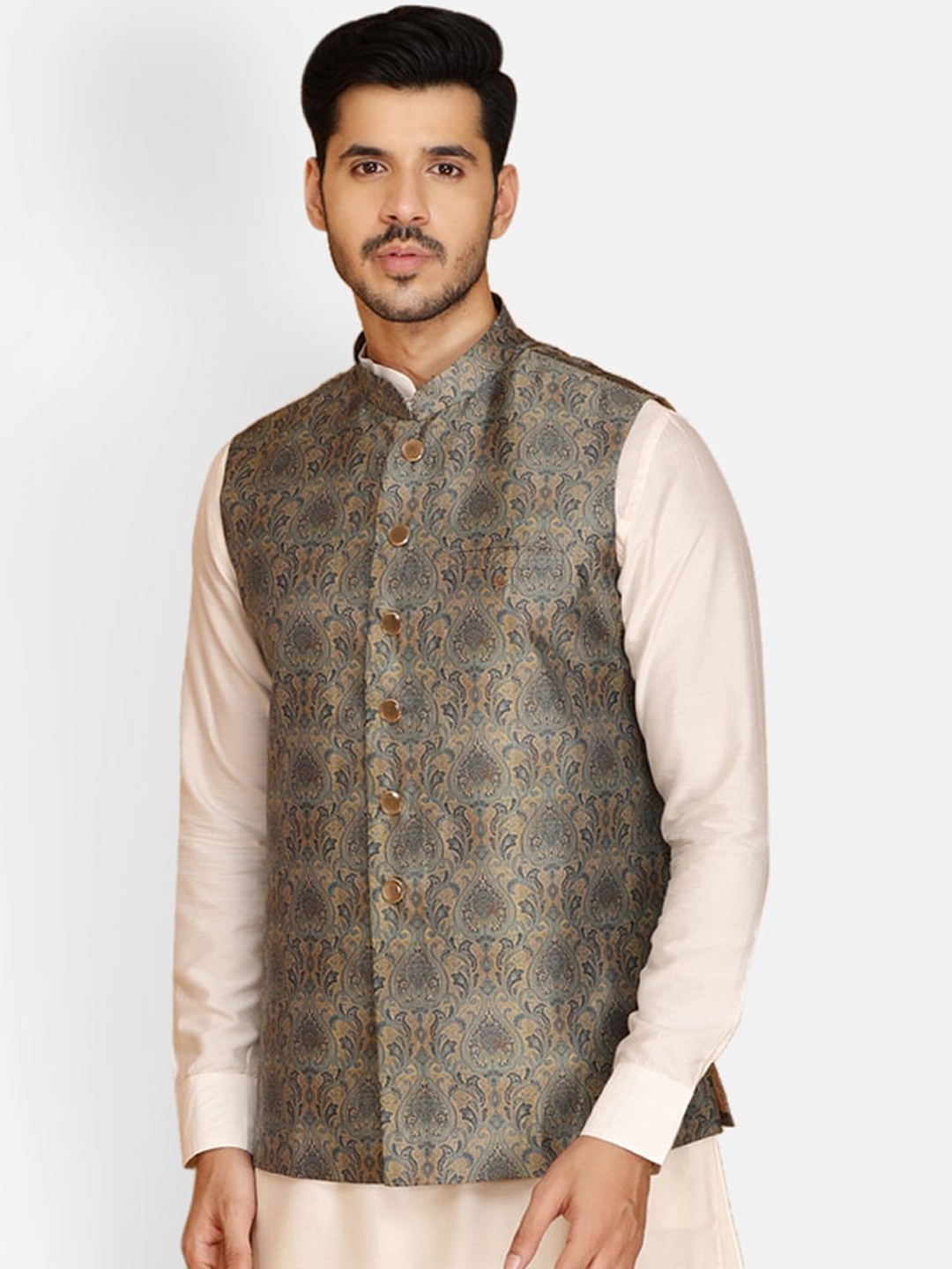 

Manyavar Men Grey & Brown Printed Woven Nehru Jacket
