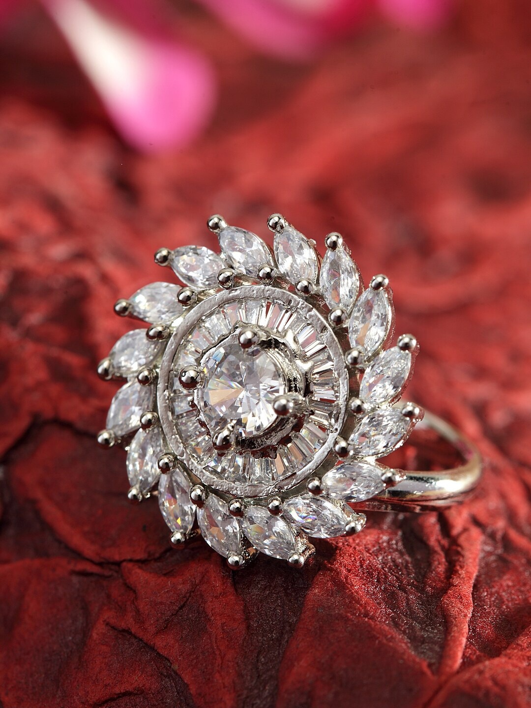 

ANIKAS CREATION Silver-Plated White AD Stone-Studded Handcrafted Finger Ring