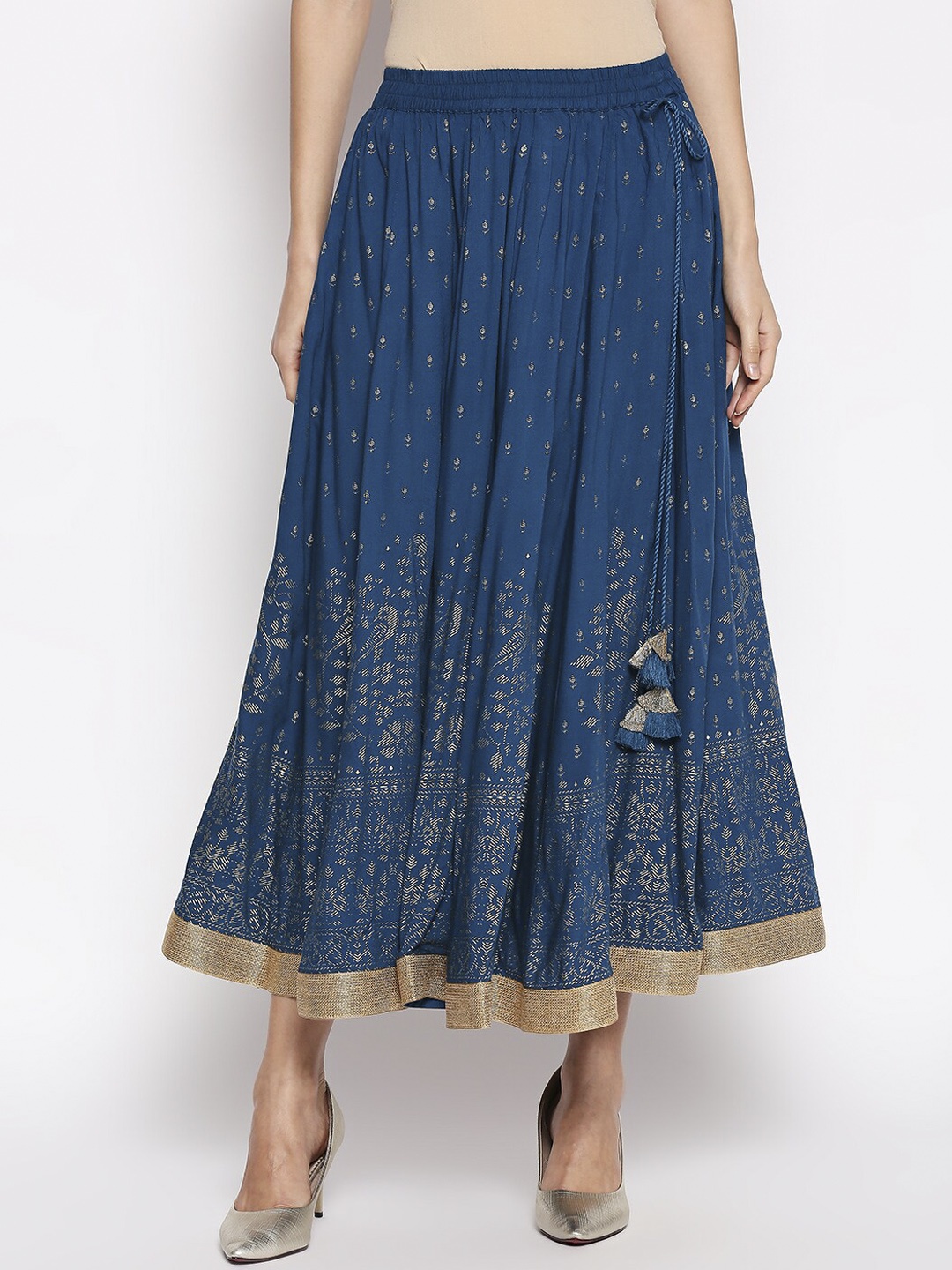 

AKKRITI BY PANTALOONS Women Teal Blue & Gold-Colored Printed A-line Maxi Skirt
